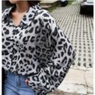 Drop-shoulder Oversized Leopard Blouse Gray - One Size