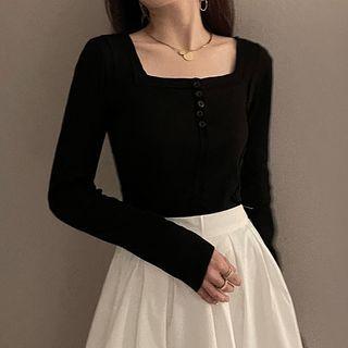 Long-sleeve Square-neck Cropped Plain Top Black - One Size