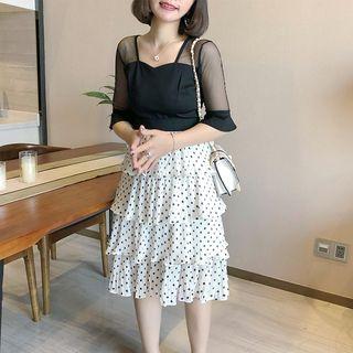 Mock Two-piece Mesh Panel Elbow-sleeve A-line Dress