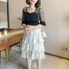 Mock Two-piece Mesh Panel Elbow-sleeve A-line Dress