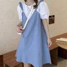 Puff-sleeve Mock Two-piece Shift Dress Blue & White - One Size