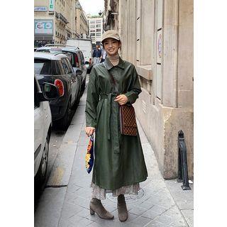 Pleather Long Mac Coat & Sash