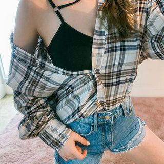 Cutout-shoulder Fringed Plaid Shirt