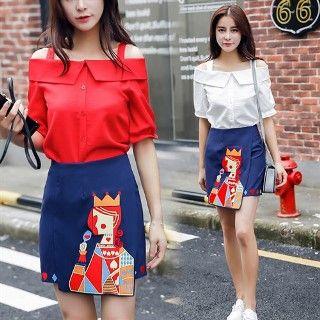 Set: Off-shoulder Top + Embroidery Skirt