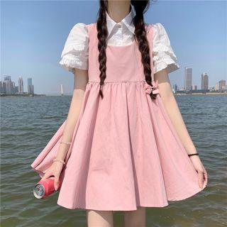 Short-sleeve Blouse / Mini A-line Overall Dress / Set