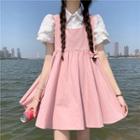 Short-sleeve Blouse / Mini A-line Overall Dress / Set