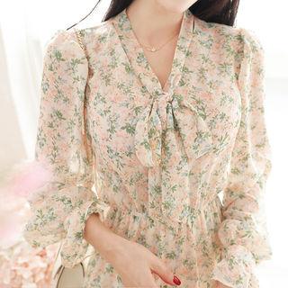 Tie-neck Floral Print Chiffon Dress Ivory - One Size