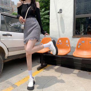 Fringed Houndstooth Mini Pencil Skirt
