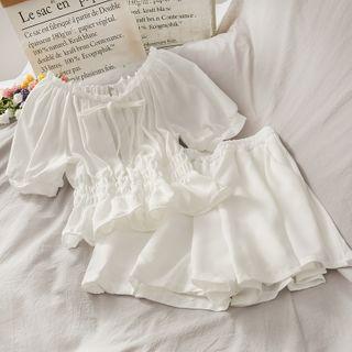 Set: Boatneck Smocked Crop Top + Wide Shorts