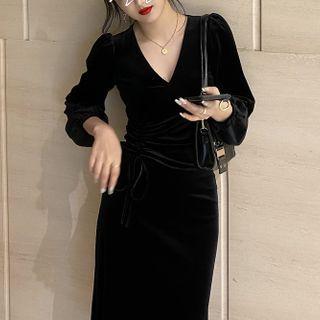 Long-sleeve Velvet V-neck Midi A-line Dress