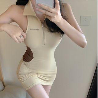 Sleeveless Two Tone Mini Dress Brown & Light Yellow - One Size