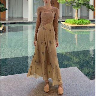 Set: Long-sleeve Shrug + Spaghetti Strap Floral Midi A-line Dress