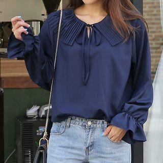 Pleats-collar Bishop-sleeve Top