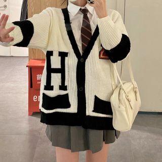 Long-sleeve Color-block Knit Cardigan / Tie / Long-sleeve Plain Shirt / Pleated Mini Skirt