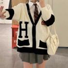 Long-sleeve Color-block Knit Cardigan / Tie / Long-sleeve Plain Shirt / Pleated Mini Skirt