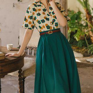 Set: Short-sleeve Floral Print Shirt + Midi A-line Skirt + Belt