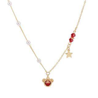 Tiger Pendant Faux Pearl Rhinestone Alloy Necklace 1pc - Gold & Red - One Size