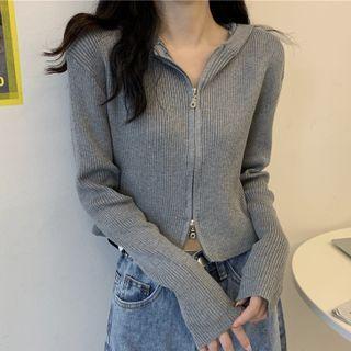 Long-sleeve Zip-up Knit Hooded Cardigan