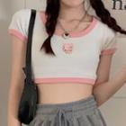 Short-sleeve Cat Embroidered Crop Top