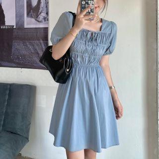 Puff-sleeve Square-neck Ruched Panel Dress