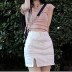 Short-sleeve Drawstring Crop T-shirt / Slit A-line Skirt / Set