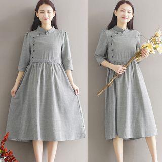 Pinstriped Band Collar 3/4 Sleeve Dress