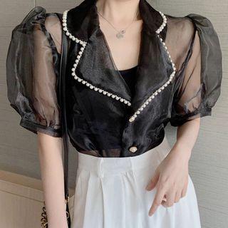 Short-sleeve Mesh Blouse Black - One Size