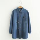 Cat Embroidery Embroidered Denim Shirt Denim Blue - One Size