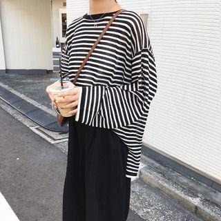 Striped Long-sleeve Knit Top Stripes - Black & White - One Size