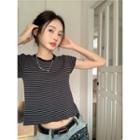 Short-sleeve Striped Slim-fit Cropped Top Dark Gray & Black - One Size