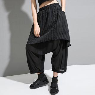 Mock Two-piece Striped Baggy Pants Black - One Size