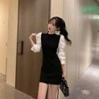 3/4-sleeve Paneled Mini Sheath Knit Dress Black & White - One Size