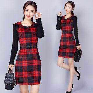Knit-sleeve Plaid A-line Dress