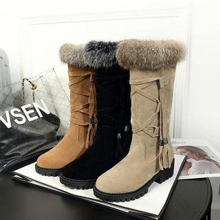 Faux Fur Trim Tie Accent Mid-calf Boots