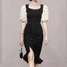 Set: Puff-sleeve Two-tone Blouse + Ruffle Hem Pencil Skirt