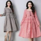 Long-sleeve Check Tiered Dress
