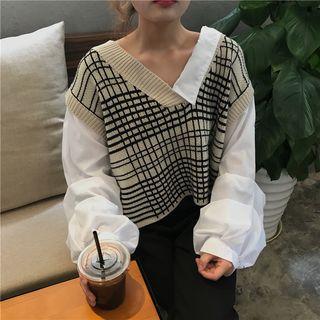 Mock-two Check Loose-fit Sweater As Figure - One Size