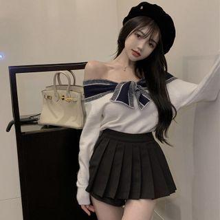 Set: Off-shoulder Bow Sweater + Pleated A-line Skirt