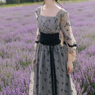Set: Long-sleeve Floral Midi A-line Dress + Belt