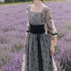Set: Long-sleeve Floral Midi A-line Dress + Belt
