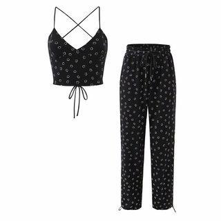 Smiley Face Print Camisole Top / High-waist Straight-leg Pants