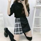 Plaid Panel Buckled Mini A-line Skirt Black - One Size