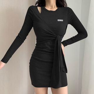 Mock Two-piece Long-sleeve Tie-front Mini Bodycon Dress