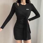 Mock Two-piece Long-sleeve Tie-front Mini Bodycon Dress