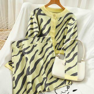Set: Long-sleeve Buttoned Zebra Print Knit Top + A-line Mini Skirt