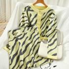 Set: Long-sleeve Buttoned Zebra Print Knit Top + A-line Mini Skirt