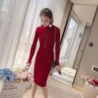 Long-sleeve Lace-up Knit Sheath Midi Dress
