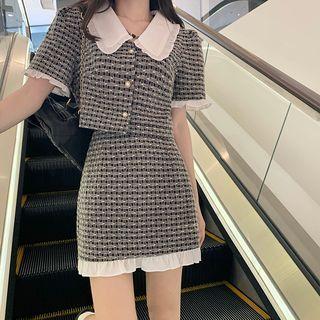 Contrast Collar Blouse / Mini Pencil Skirt