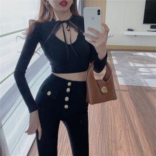 Long-sleeve Tie-neck Knit Crop Top / High-waist Skinny Pants