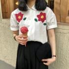 Short-sleeve Flower Print Shirt / Pleated Midi Skirt